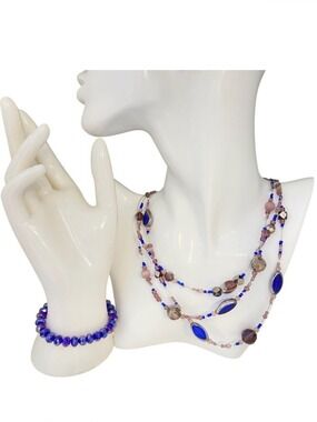 Blue Multi-Strand Beaded Necklace & Bracelet Crystal Jewelry arrangement Set